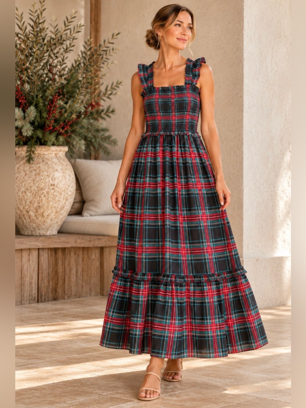 Draper James XS Holiday Plaid Smocked Ruffle Maxi Dress Red Teal Black